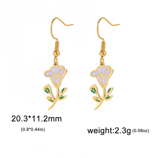 Picture of 304 Stainless Steel Birth Month Flower Earrings 18K Gold Color Morning Glory Flower Enamel 20mm x 11mm, Post/ Wire Size: (21 gauge), 1 Pair