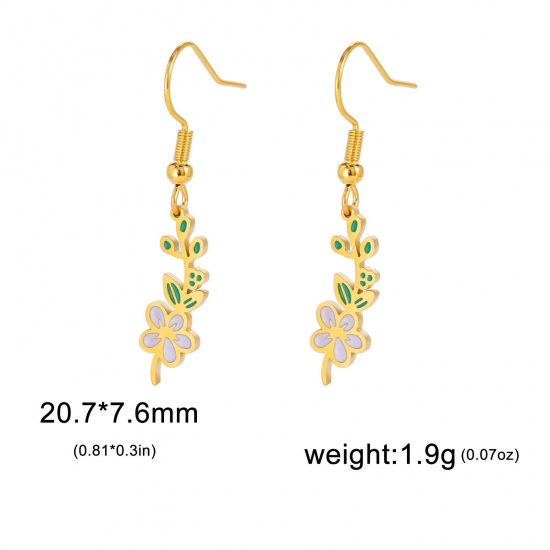 Picture of 304 Stainless Steel Birth Month Flower Earrings 18K Gold Color Hawthorn Flower Enamel 20mm x 11mm, Post/ Wire Size: (21 gauge), 1 Pair