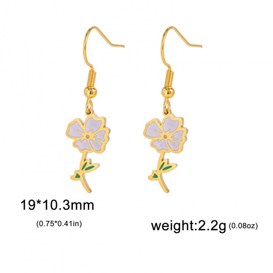 Picture of 304 Stainless Steel Birth Month Flower Earrings 18K Gold Color Poppy Enamel 20mm x 11mm, Post/ Wire Size: (21 gauge), 1 Pair