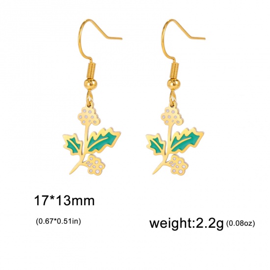 Picture of 304 Stainless Steel Birth Month Flower Earrings 18K Gold Color Christmas Holly Leaf Enamel 20mm x 11mm, Post/ Wire Size: (21 gauge), 1 Pair