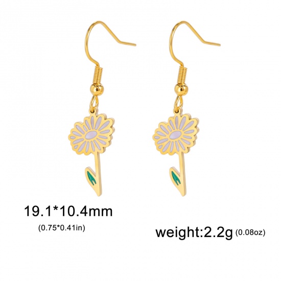 Picture of 304 Stainless Steel Birth Month Flower Earrings 18K Gold Color Daisy Flower Enamel 20mm x 11mm, Post/ Wire Size: (21 gauge), 1 Pair