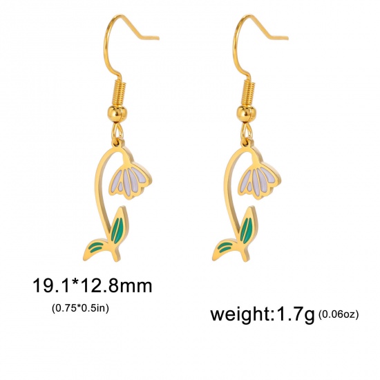 Picture of 304 Stainless Steel Birth Month Flower Earrings 18K Gold Color Snowdrop Enamel 20mm x 11mm, Post/ Wire Size: (21 gauge), 1 Pair