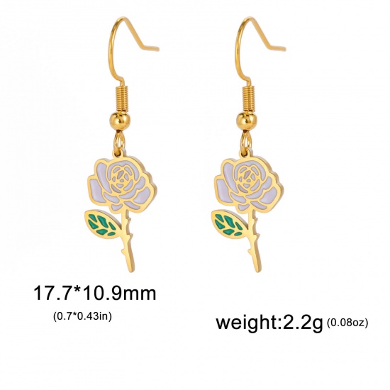 Picture of 304 Stainless Steel Birth Month Flower Earrings 18K Gold Color Rose Flower Enamel 20mm x 11mm, Post/ Wire Size: (21 gauge), 1 Pair