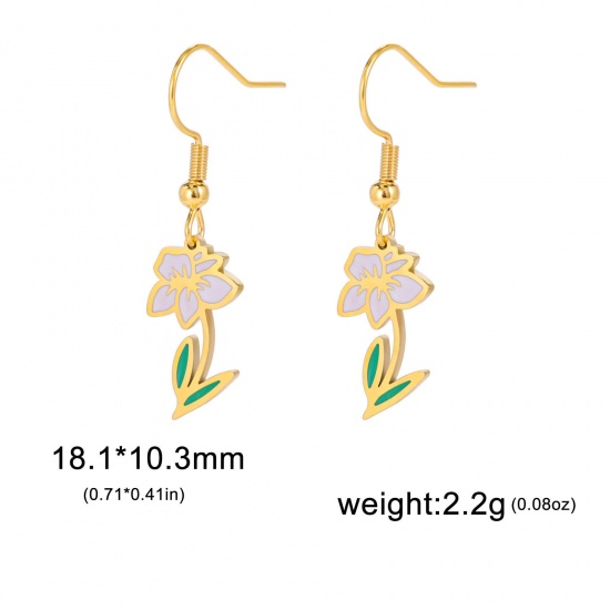 Picture of 304 Stainless Steel Birth Month Flower Earrings 18K Gold Color Narcissus Flower Enamel 20mm x 11mm, Post/ Wire Size: (21 gauge), 1 Pair