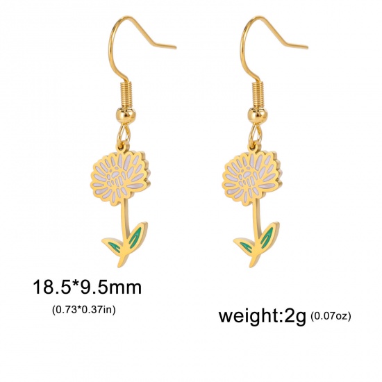 Picture of 304 Stainless Steel Birth Month Flower Earrings 18K Gold Color Chrysanthemum Flower Enamel 20mm x 11mm, Post/ Wire Size: (21 gauge), 1 Pair