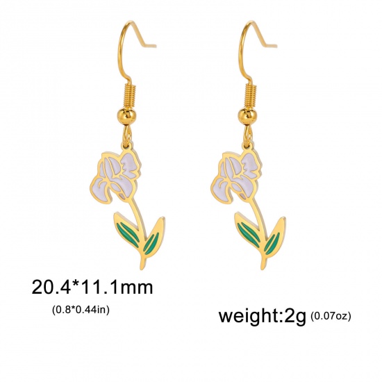 Picture of 304 Stainless Steel Birth Month Flower Earrings 18K Gold Color Iris Flower Enamel 20mm x 11mm, Post/ Wire Size: (21 gauge), 1 Pair