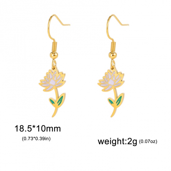 Picture of 304 Stainless Steel Birth Month Flower Earrings 18K Gold Color Lotus Flower Enamel 20mm x 11mm, Post/ Wire Size: (21 gauge), 1 Pair