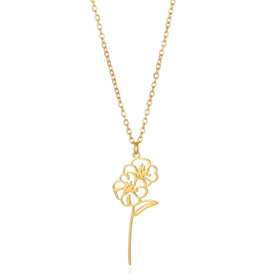 Picture of 304 Stainless Steel Birth Month Flower Link Cable Chain Necklace Gold Plated Iris Flower Hollow 38cm(15") long, 1 Piece