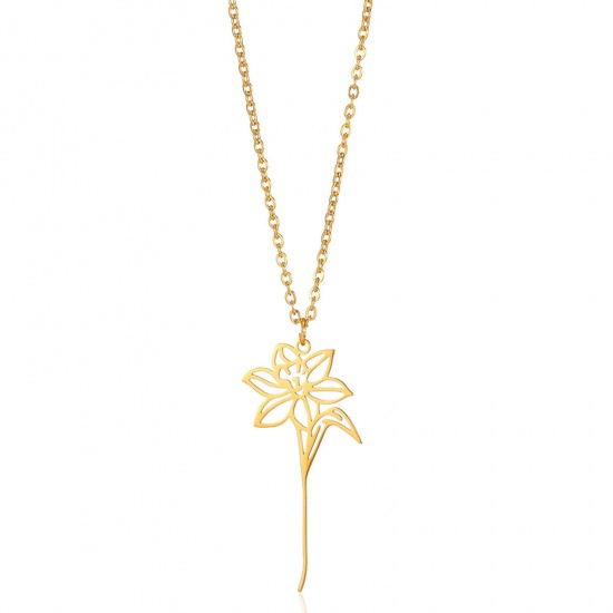 Picture of 304 Stainless Steel Birth Month Flower Link Cable Chain Necklace Gold Plated Daffodil Flower Hollow 38cm(15") long, 1 Piece