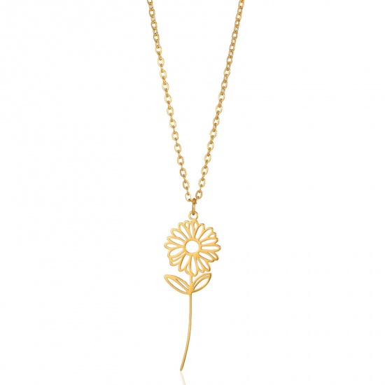 Picture of 304 Stainless Steel Birth Month Flower Link Cable Chain Necklace Gold Plated Daisy Flower Hollow 38cm(15") long, 1 Piece