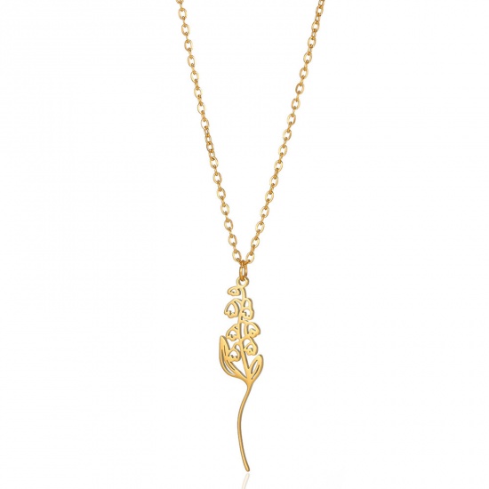 Picture of 304 Stainless Steel Birth Month Flower Link Cable Chain Necklace Gold Plated Lily Of The Valley Flower Hollow 38cm(15") long, 1 Piece