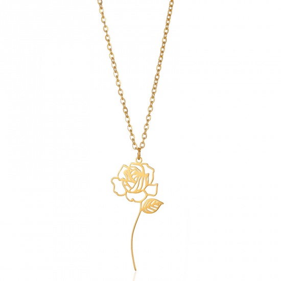 Picture of 304 Stainless Steel Birth Month Flower Link Cable Chain Necklace Gold Plated Rose Flower Hollow 38cm(15") long, 1 Piece