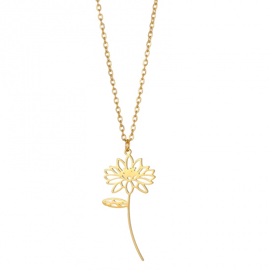 Picture of 304 Stainless Steel Birth Month Flower Link Cable Chain Necklace Gold Plated Water Lily Flower Hollow 38cm(15") long, 1 Piece