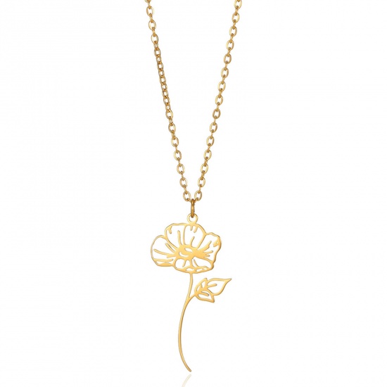 Picture of 304 Stainless Steel Birth Month Flower Link Cable Chain Necklace Gold Plated Poppy Hollow 38cm(15") long, 1 Piece