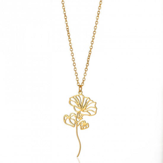 Picture of 304 Stainless Steel Birth Month Flower Link Cable Chain Necklace Gold Plated Morning Glory Flower Hollow 38cm(15") long, 1 Piece
