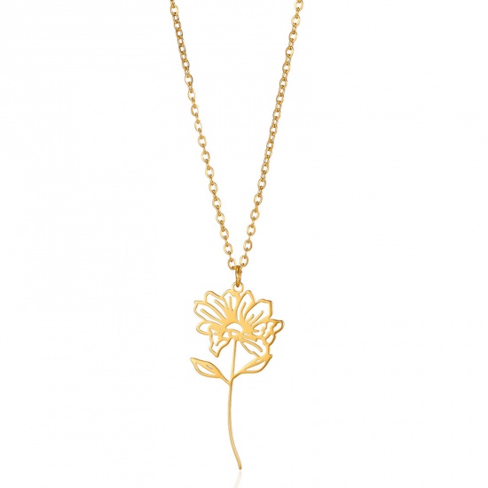 Picture of 304 Stainless Steel Birth Month Flower Link Cable Chain Necklace Gold Plated Chrysanthemum Flower Hollow 38cm(15") long, 1 Piece
