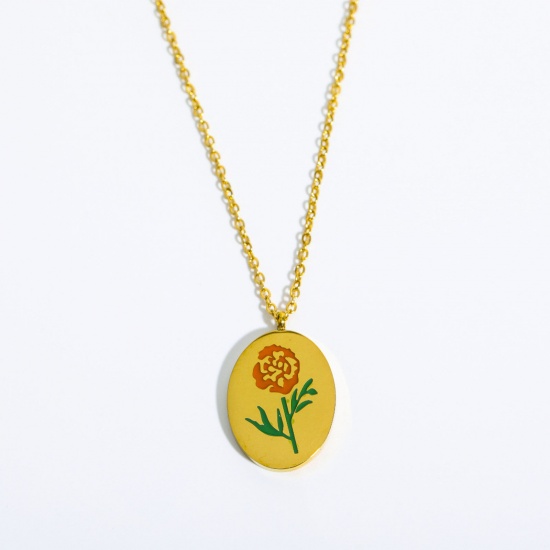 Picture of 304 Stainless Steel Birth Month Flower Necklace Gold Plated Oval Marigold Flower Corrosion 40cm(15 6/8") long, 1 Piece