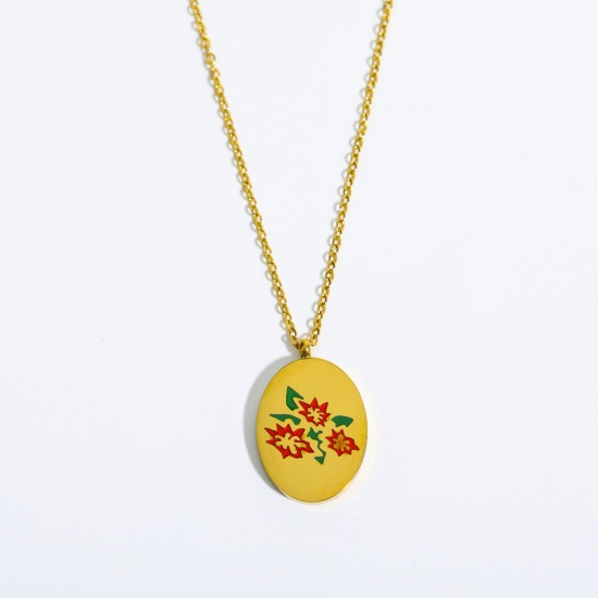 Picture of 304 Stainless Steel Birth Month Flower Necklace Gold Plated Oval Poinsettia Flower Corrosion 40cm(15 6/8") long, 1 Piece
