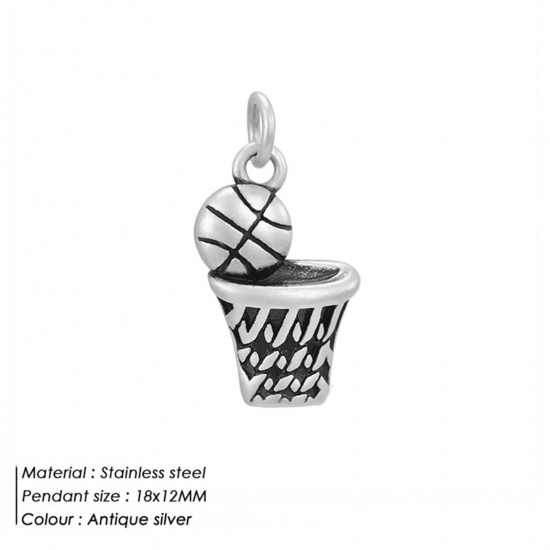 Picture of 316 Stainless Steel Sport Charms Antique Silver Color Basketball With Jump Ring 18mm x 12mm, 1 Piece