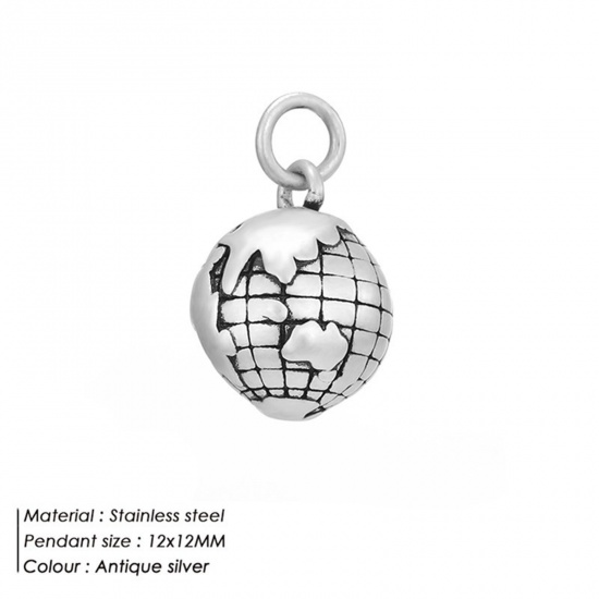 Picture of 316 Stainless Steel Travel Charms Antique Silver Color Planet Earth With Jump Ring 12mm x 12mm, 1 Piece