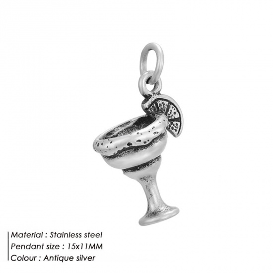 Picture of 316 Stainless Steel Charms Antique Silver Color Wine Glass With Jump Ring 15mm x 11mm, 1 Piece