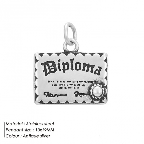 Picture of 316 Stainless Steel Charms Antique Silver Color Diploma With Jump Ring 13mm x 19mm, 1 Piece