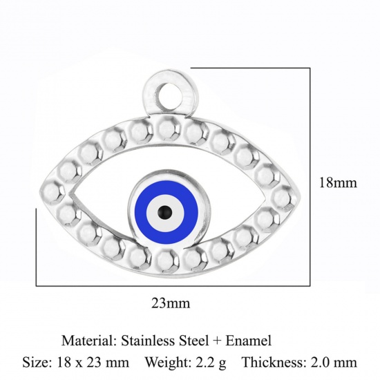 Picture of 304 Stainless Steel Religious Charms Silver Tone Blue Evil Eye Enamel 23mm x 18mm, 1 Piece