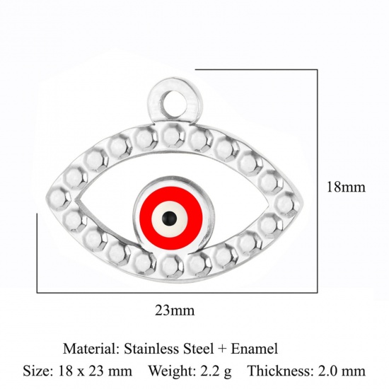 Picture of 304 Stainless Steel Religious Charms Silver Tone Red Evil Eye Enamel 23mm x 18mm, 1 Piece