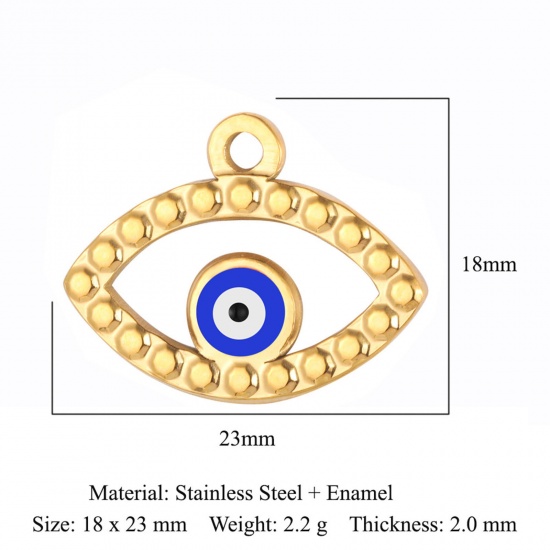Picture of 304 Stainless Steel Religious Charms Gold Plated Blue Evil Eye Enamel 23mm x 18mm, 1 Piece