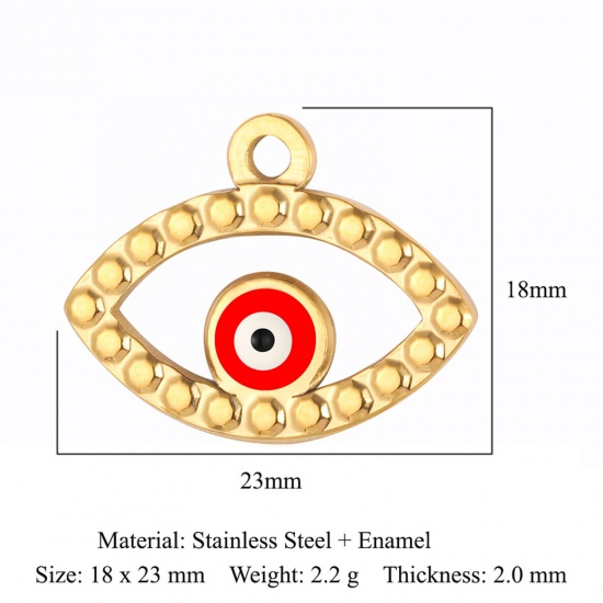 Picture of 304 Stainless Steel Religious Charms Gold Plated Red Evil Eye Enamel 23mm x 18mm, 1 Piece