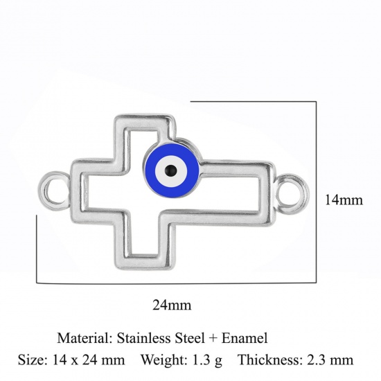 Picture of 304 Stainless Steel Religious Charms Silver Tone Blue Cross Evil Eye Enamel 24mm x 14mm, 1 Piece
