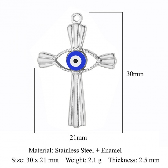 Picture of 304 Stainless Steel Religious Charms Silver Tone Blue Cross Evil Eye Enamel 21mm x 30mm, 1 Piece