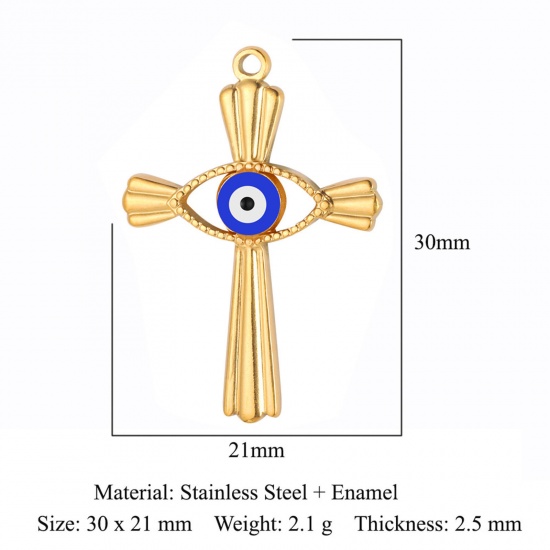 Picture of 304 Stainless Steel Religious Charms Gold Plated Blue Cross Evil Eye Enamel 21mm x 30mm, 1 Piece