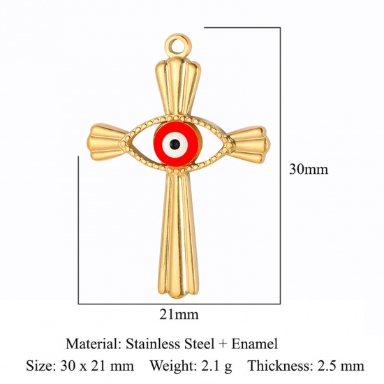 Picture of 304 Stainless Steel Religious Charms Gold Plated Red Cross Evil Eye Enamel 21mm x 30mm, 1 Piece