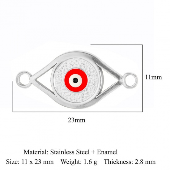 Picture of 304 Stainless Steel Religious Charms Silver Tone Red Marquise Evil Eye Enamel 23mm x 11mm, 1 Piece