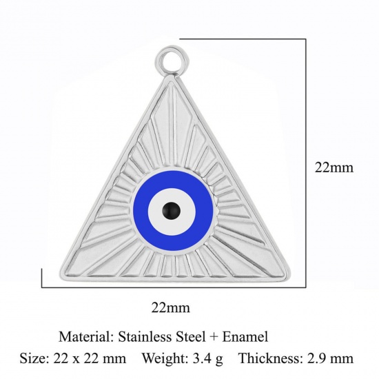 Picture of 304 Stainless Steel Religious Charms Silver Tone Blue Triangle Evil Eye Enamel 22mm x 22mm, 1 Piece
