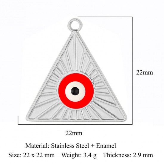 Picture of 304 Stainless Steel Religious Charms Silver Tone Red Triangle Evil Eye Enamel 22mm x 22mm, 1 Piece