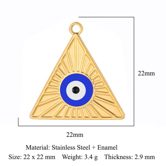 Picture of 304 Stainless Steel Religious Charms Gold Plated Blue Triangle Evil Eye Enamel 22mm x 22mm, 1 Piece