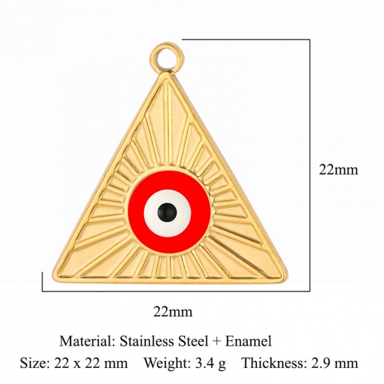 Picture of 304 Stainless Steel Religious Charms Gold Plated Red Triangle Evil Eye Enamel 22mm x 22mm, 1 Piece