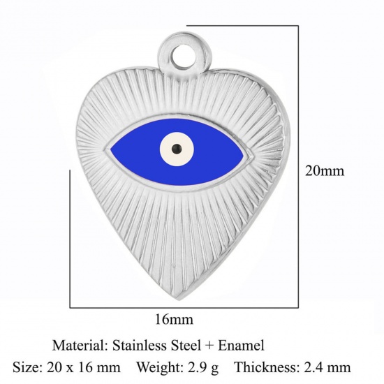 Immagine di 304 Acciaio Inossidabile Religione Charms Cuore Tono Argento Blu Malocchio Smalto 16mm x 20mm, 1 Pz