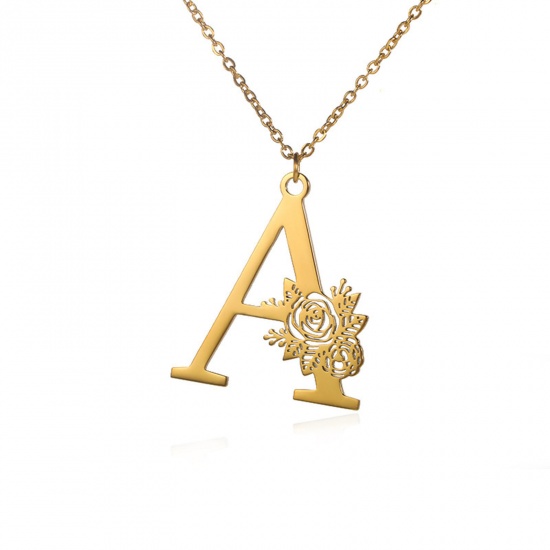 Picture of 304 Stainless Steel Rolo Chain Necklace 18K Gold Color Capital Alphabet/ Letter Rose Flower Message " A " Hollow 38cm(15") long, 1 Piece