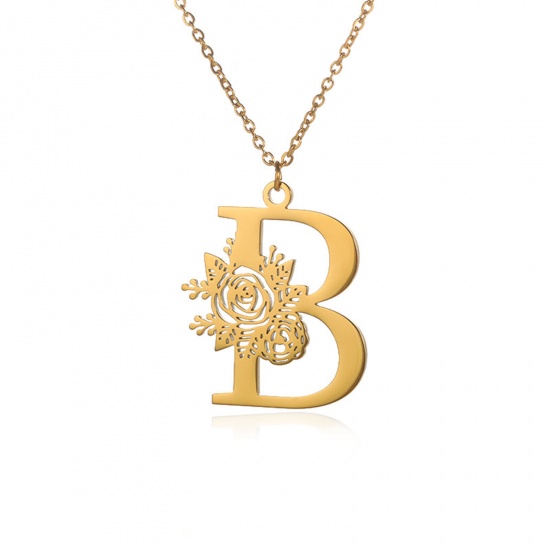 Picture of 304 Stainless Steel Rolo Chain Necklace 18K Gold Color Capital Alphabet/ Letter Rose Flower Message " B " Hollow 38cm(15") long, 1 Piece