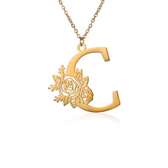 Picture of 304 Stainless Steel Rolo Chain Necklace 18K Gold Color Capital Alphabet/ Letter Rose Flower Message " C " Hollow 38cm(15") long, 1 Piece