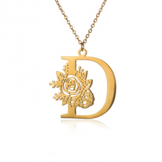 Picture of 304 Stainless Steel Rolo Chain Necklace 18K Gold Color Capital Alphabet/ Letter Rose Flower Message " D " Hollow 38cm(15") long, 1 Piece