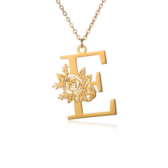 Picture of 304 Stainless Steel Rolo Chain Necklace 18K Gold Color Capital Alphabet/ Letter Rose Flower Message " E " Hollow 38cm(15") long, 1 Piece