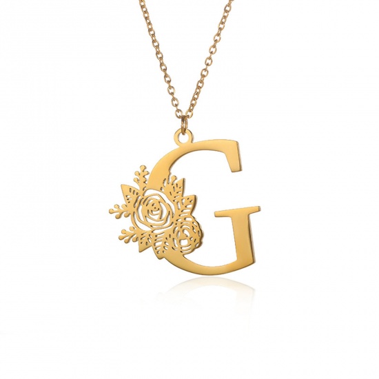 Picture of 304 Stainless Steel Rolo Chain Necklace 18K Gold Color Capital Alphabet/ Letter Rose Flower Message " G " Hollow 38cm(15") long, 1 Piece