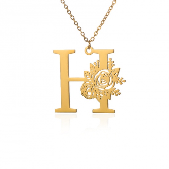 Picture of 304 Stainless Steel Rolo Chain Necklace 18K Gold Color Capital Alphabet/ Letter Rose Flower Message " H " Hollow 38cm(15") long, 1 Piece