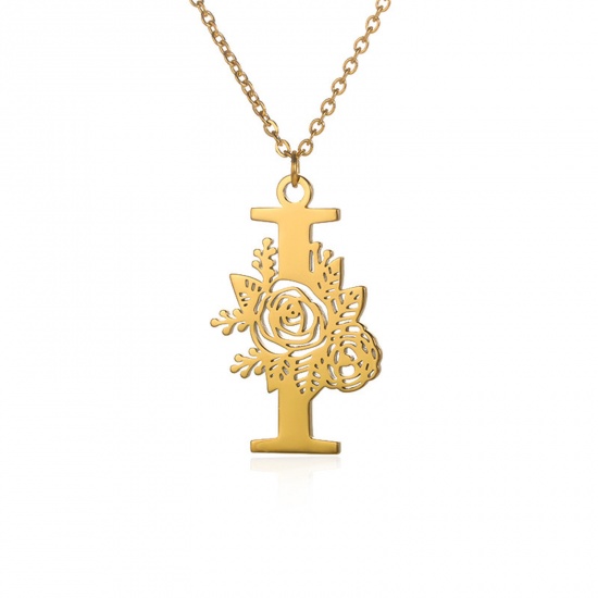 Picture of 304 Stainless Steel Rolo Chain Necklace 18K Gold Color Capital Alphabet/ Letter Rose Flower Message " I " Hollow 38cm(15") long, 1 Piece