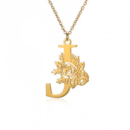 Picture of 304 Stainless Steel Rolo Chain Necklace 18K Gold Color Capital Alphabet/ Letter Rose Flower Message " J " Hollow 38cm(15") long, 1 Piece