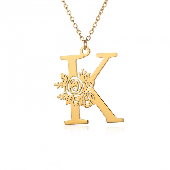 Picture of 304 Stainless Steel Rolo Chain Necklace 18K Gold Color Capital Alphabet/ Letter Rose Flower Message " K " Hollow 38cm(15") long, 1 Piece